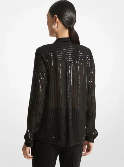 Blusa com gola com laçada em georgette com lantejoulas às riscas | Michael Kors [PT]