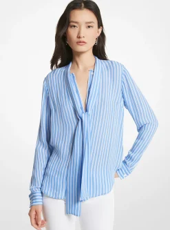 Blusa com laçada em georgette às riscas | Michael Kors [PT]