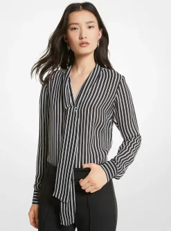 Blusa com laçada em georgette às riscas | Michael Kors [PT]