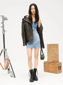 Casaco estilo motard em pele enrugada de corte grande | Michael Kors [PT]