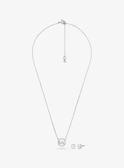 Conjunto de brincos curtos e colar com pingente com logótipo com incrustações em prata de lei banhada a ouro rosa de 14K | Michael Kors [PT]