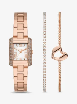 Conjunto-presente de relógio e pulseira em dourado-rosa com incrustações Emery mini | Michael Kors [PT]