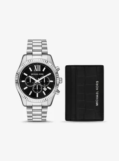 Conjunto-presente relógio prateado Lexington grande e porta-cartões em pele com motivo de crocodilo em relevo | Michael Kors [PT]