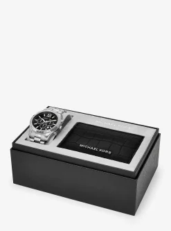 Conjunto-presente relógio prateado Lexington grande e porta-cartões em pele com motivo de crocodilo em relevo | Michael Kors [PT]