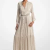 Vestido caftan com cinto em georgette enrugado metalizado | Michael Kors [PT]