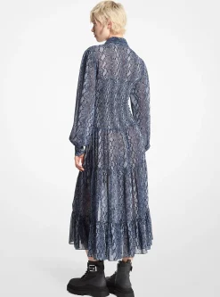 Vestido camiseiro franzido em georgette com estampado de cobra | Michael Kors [PT]