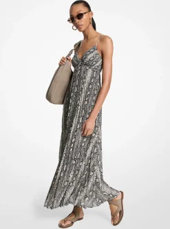Vestido maxi plissado em georgette com estampado de cobra | Michael Kors [PT]