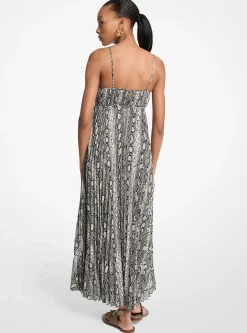Vestido maxi plissado em georgette com estampado de cobra | Michael Kors [PT]