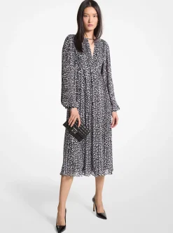Vestido midi com estampado de leopardo plissado Georgette | Michael Kors [PT]